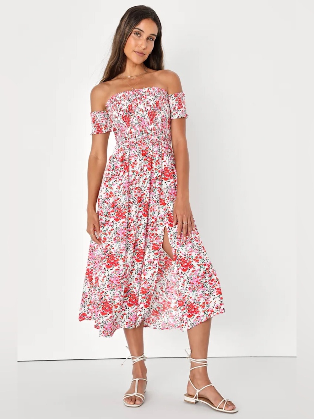 Lulus View from the Meadow Cream Floral Print Off-the-Shoulder Dress Size Large
